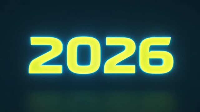 Glowing neon number 2026 on dark background with futuristic effect