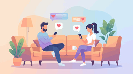 Fototapeta premium Love Message Chat Scene with Young Couple and Mobile Phone
