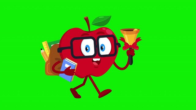Apple Cartoon Character Student Walking With School Backpack Ringing Bell &ndash; 4K Animation Video Motion Graphics With Chroma Key Green Screen Background