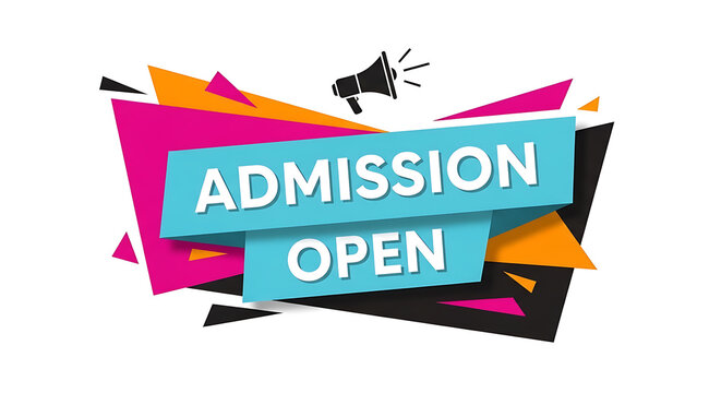 Vibrant 'admission open' banner with a megaphone icon and dynamic abstract shapes for enrollment advertisement