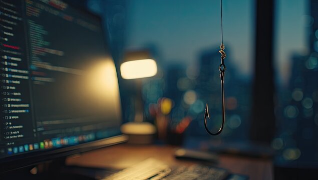 Cybersecurity Phishing Hook Concept with Computer Code and Cityscape Background.