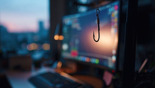 Cybersecurity Phishing Hook Threatening Computer Screen Data.