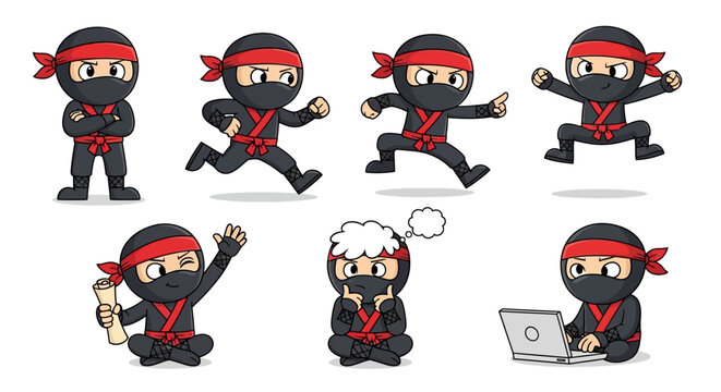 Cute Ninja Character Set Diverse Poses.