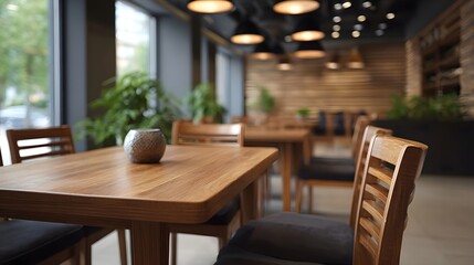 Fototapeta premium Modern bright cafe interior featuring wooden tables comfortable seating and lush indoor plants for a professional atmosphere