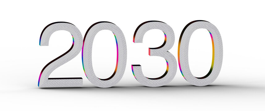 Image of the year 2030 with rainbow accents and modern font, representing futuristic concepts and up