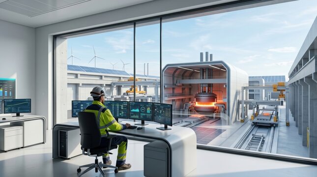 Future industrial manufacturing worker operating control room with multiple screens observing hightech production line process outside through large windows