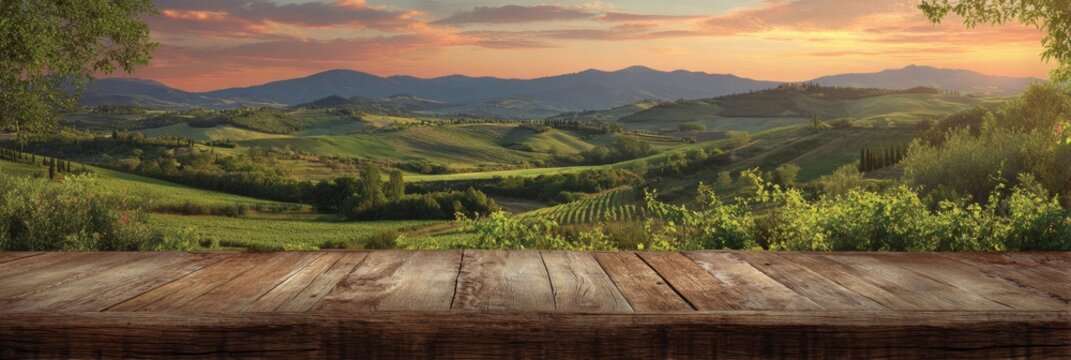 Scenic Tuscan Landscape with Wooden Table at Sunset.