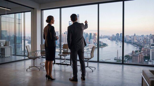 Business executives looking at city skyline through office window