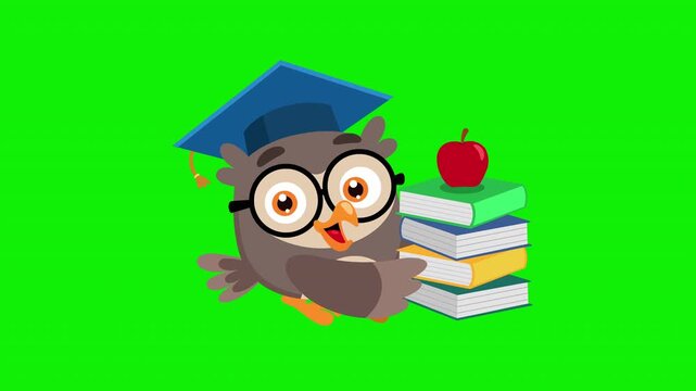 Owl Teacher Cartoon Character Walking With Books And Apple &ndash; 4K Video Motion Graphics With Chroma Key Green Screen Background