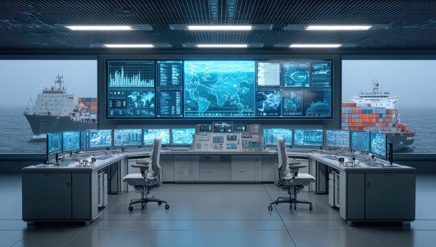 Modern Shipping Command Center with Large Display Screens and Monitors.