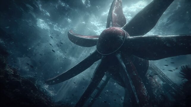 Close-up of a large ship propeller underwater surrounded by fish and particles, with dramatic sunlight rays penetrating the deep blue ocean, industrial marine technology concept.