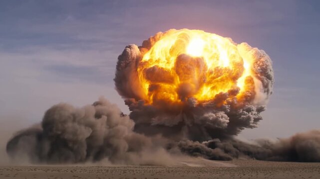 A massive nuclear explosion in a barren desert, iconic mushroom cloud rising rapidly