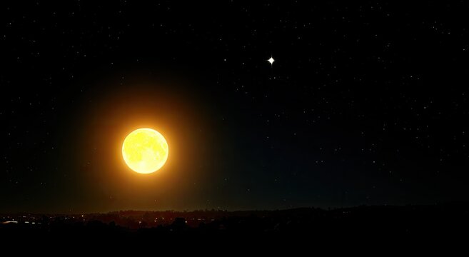 Full Moon and Distant Star Over Dark Horizon.