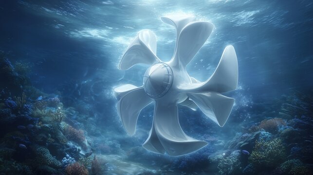 Futuristic underwater turbine in coral reef, clean ocean energy concept, advanced marine technology
