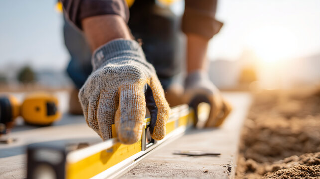 Faceless hands in protective gloves using a level to check the alignment of a starter strip for new siding, representing engineering accuracy in home improvement, bright sun, blurr