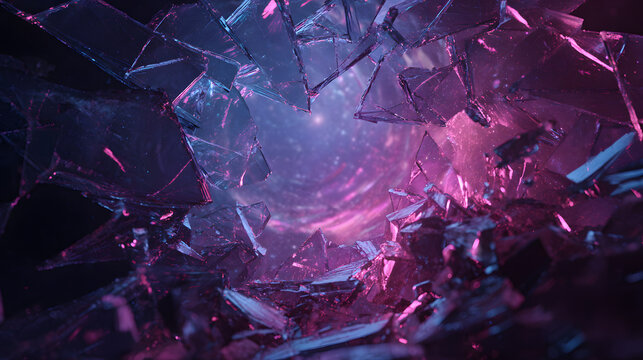 Surreal portal through broken glass with radiant neon cosmos and dreamlike cinematic depth