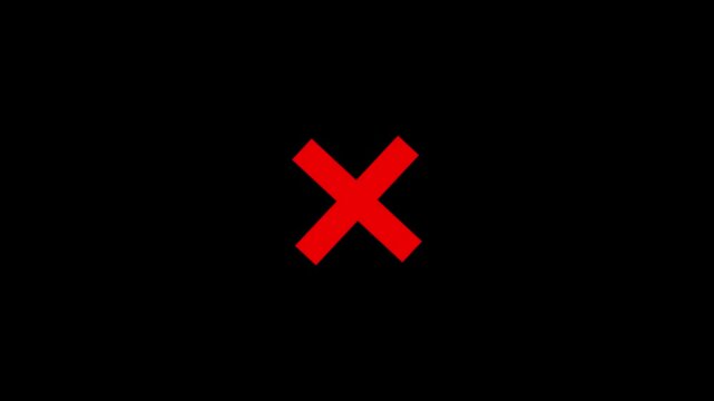 Wrong mark icon animation on black background.X mark icon glowing neon animation black background.