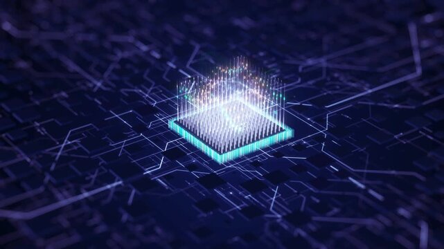 Artificial intelligence concept featuring a neural processor chip generating data signals, representing AI computing, machine learning, and high performance processing for big data, cloud systems, and