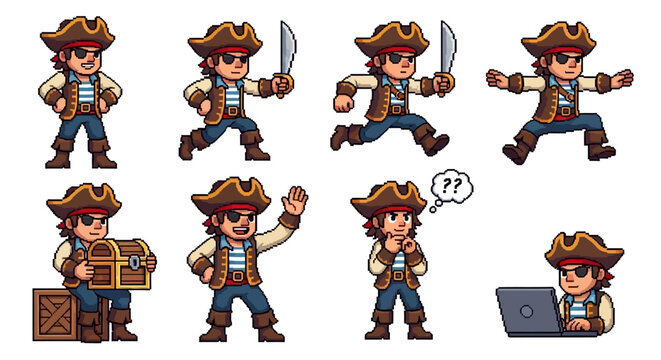 Pixel Art Pirate Character Sprite Sheet Collection.