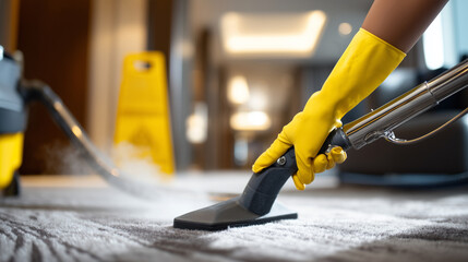 Fototapeta premium Faceless hands in yellow rubber gloves using a professional steam cleaner on a plush hotel carpet, representing deep cleaning and hygiene standards, steam wisps rising, bright indo