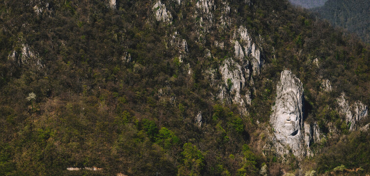Panorama with Rock Sculpture of Decebalus above Danube River