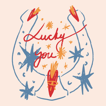 Minimalist lucky horseshoe vector with groovy cowgirl lettering, retro 70s western style typography
