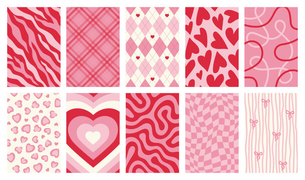 Set of abstract red and pink backgrounds. Trendy collection of funky colorful patterns. Textures with groovy vector elements in style retro. Design for banner, card, poster, cover, web, social media. 