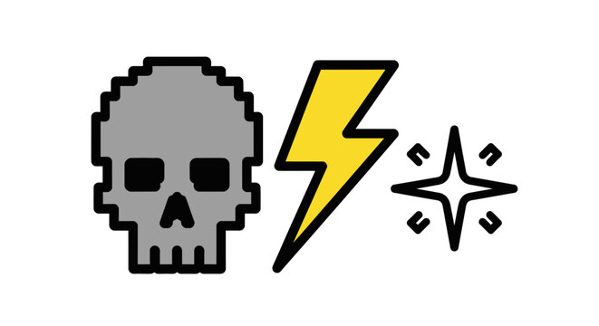 Pixel art skull with lightning bolt.