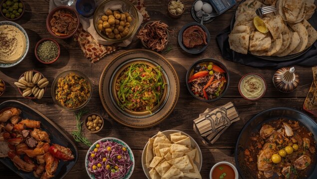 Overhead view of a lavish middle eastern or mediterranean food spread on a rustic wooden table