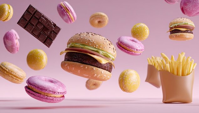 A Delicious Assortment of Fast Food and Sweets Floating.