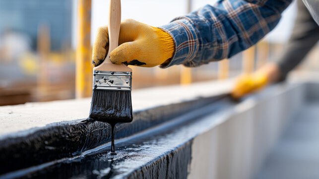 Faceless hands in heavy-duty work gloves using a wide brush to apply thick black liquid bitumen membrane to a concrete foundation wall, representing professional waterproofing and