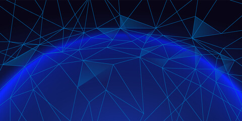 Abstract tech background with low poly wireframe elements. Space technology background in blue. Dark technology bg. Polygonal digital planet in outer space. AI technology concept. Vector illustration © Musdalifah