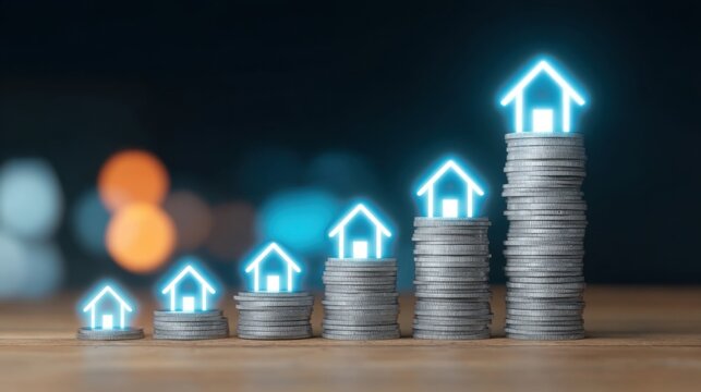 Conceptual Image of Growing Investment in Real Estate Represented by Houses on Stacks of Coins Signifying Financial Growth and Prosperity