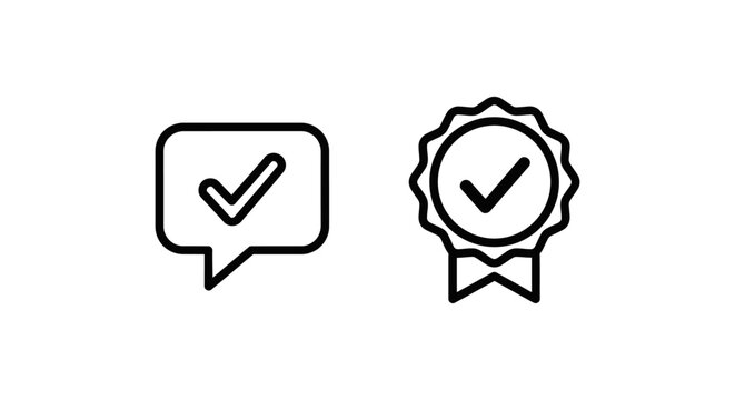 Speech bubble with checkmark and rosette with checkmark indicating marketing approval checkmark recognition certification confirmation endorsement validation feedback