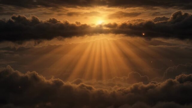Ethereal view of radiant golden sunlight piercing through dark dramatic clouds with god rays streaming downward, creating a spiritual and heavenly atmosphere.