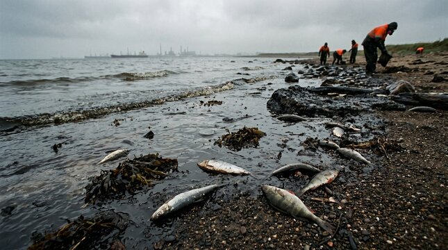 Dead fish near oil-contaminated shore, ecological crisis concept, moody lighting
