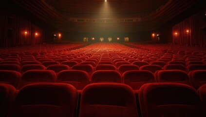 Fototapeta premium Empty Red Velvet Theater Seats Illuminated by Stage Spotlight.