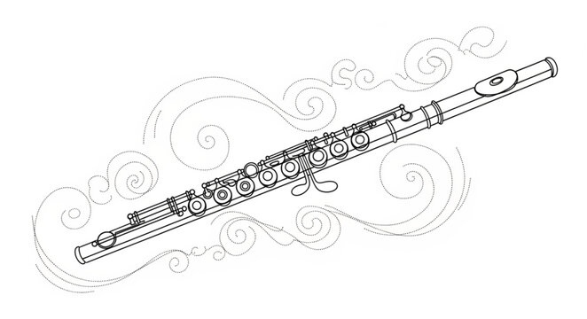 Detailed illustration of a silver flute with musical notes.