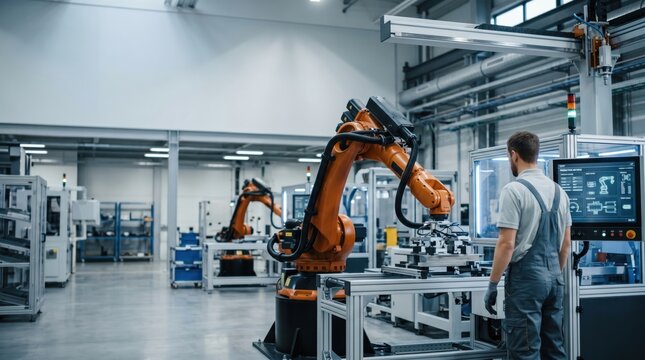 Factory automation robotic arm assembly line Industry 40 technology smart manufacturing industrial engineer operating machine modern production hall programmable robot manipulator