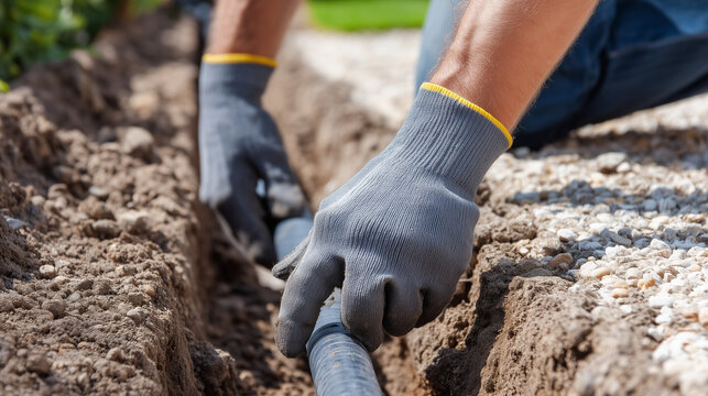 Faceless hands in work gloves backfilling a trench around newly installed pipes with a shovel, representing the final stage of underground utility work, bright daylight, loose eart