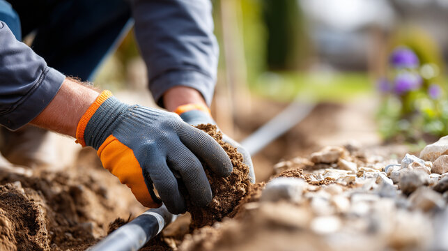 Faceless hands in work gloves backfilling a trench around newly installed pipes with a shovel, representing the final stage of underground utility work, bright daylight, loose eart