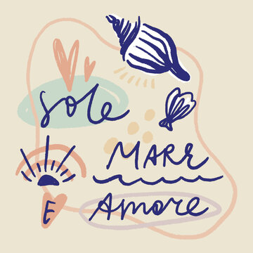 Trendy hand-lettered phrase Sole Mare Amore Italian for Sun Sea Love in boho retro sunset style. Aesthetic typography composition inspired by summer vibes, beach lifestyle and warm sun energy. Elegant