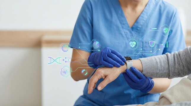 Future of healthcare nurse monitoring patient smart watch with digital health hologram interface