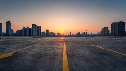 Fototapeta premium Urban Cityscape at Sunset with Road Markings.