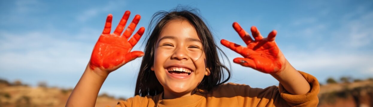Girl smiling with painted hands in outdoor desert landscape