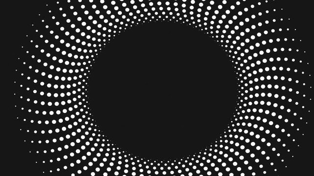 Abstract animated background featuring rotating spiral of white dots forming circular frame on black background, dynamic motion creating zoom in and out effect and clean empty copy space in center.