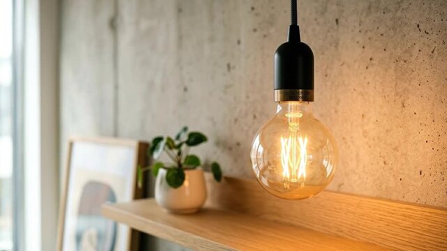Warm filament edison bulb pendant hanging over wooden shelf with potted plant concrete wall inspiring cozy modern sustainable lifestyle lighting scene