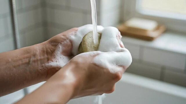 Handwash soap foam running water sink bathroom. gentle hygiene routine, climate responsibility lifestyle, eco friendly solid shampoo cleansing to