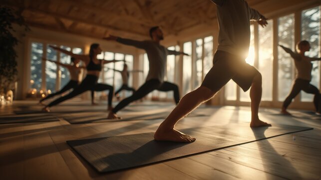 Group of people practicing warrior yoga pose in bright sunny studio