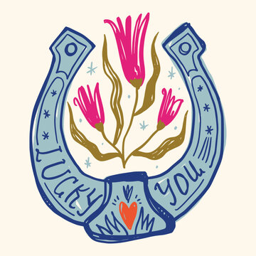 Minimalist lucky horseshoe vector with groovy cowgirl lettering, retro 70s western style typography